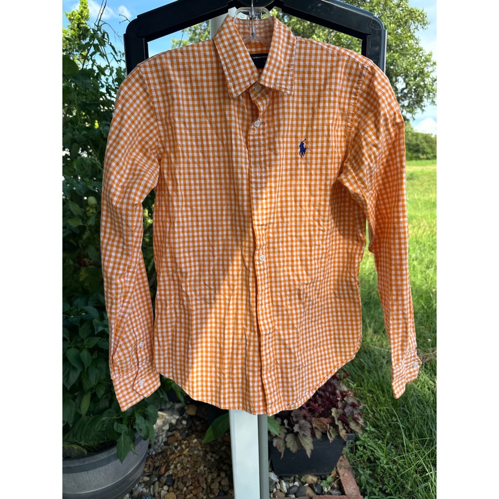 Ralph Lauren Sport Kids Orange Gingham Button Down Shirt Long Sleeve Size 6
